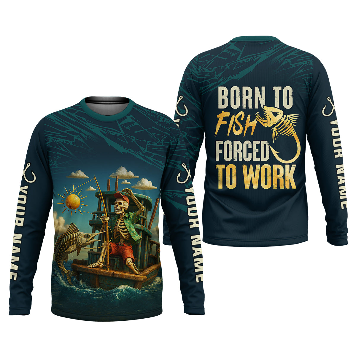 Born To Fish Forced To Work Funny Skeleton Fishing UPF Shirts, Presents For Fishermen, Men's Fishing Shirt
