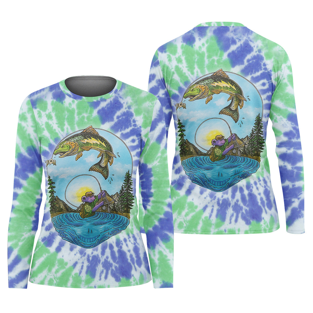 Bear Fishing Green And Purple Cool Tie Dye Patterns Fishing UPF Shirts, Women Fishing Shirt, Female Fishing Shirts