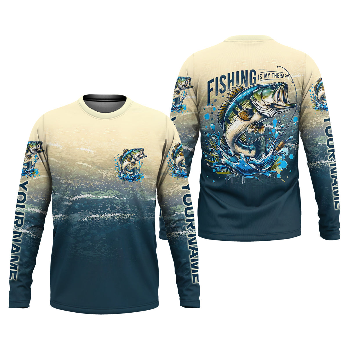 Fishing Is My Therapy Navy And Beige Fishing UPF Shirts, Gift For Fisherman, Fishing Shirts For Men