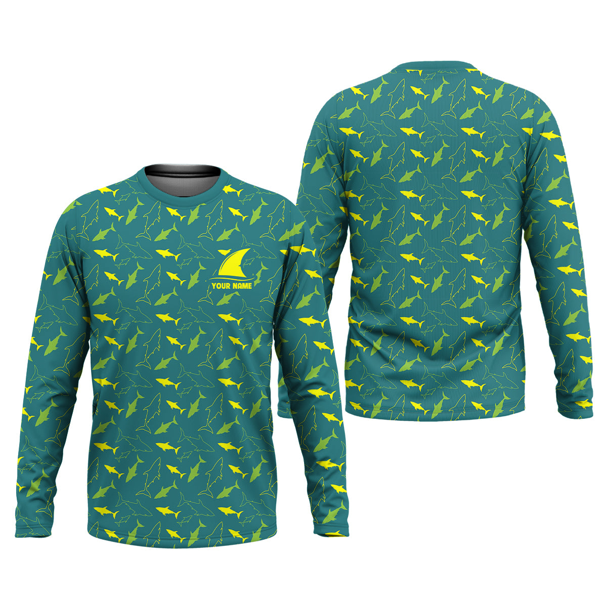 Green And Yellow Shark Pattern Performance Fishing Shirts, SPF Shirt For Men, Fishing Gifts For Men