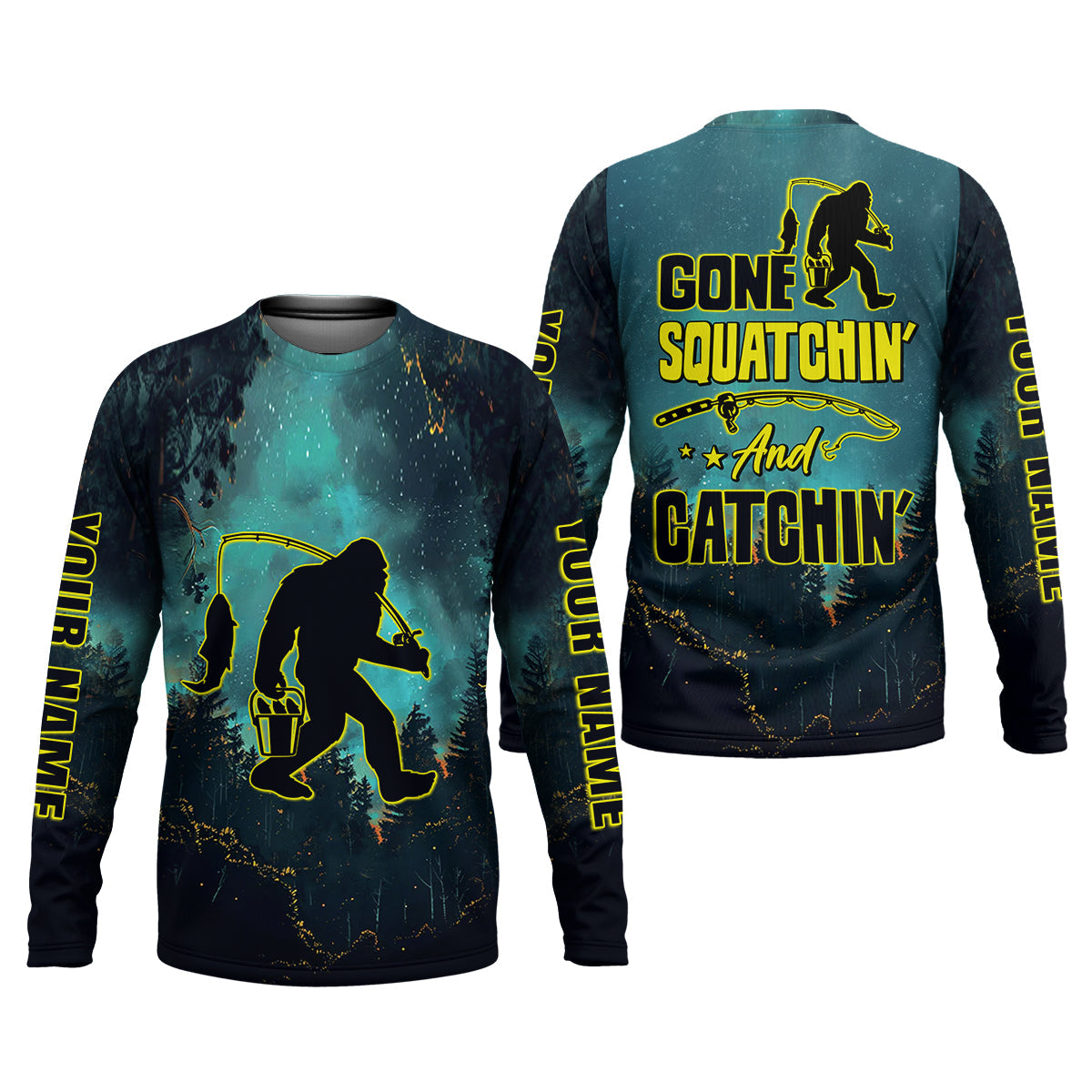 Gone Squatchin And Catching Night Forest Performance Fishing Shirts, SPF Shirt For Men, Gift For Fisherman