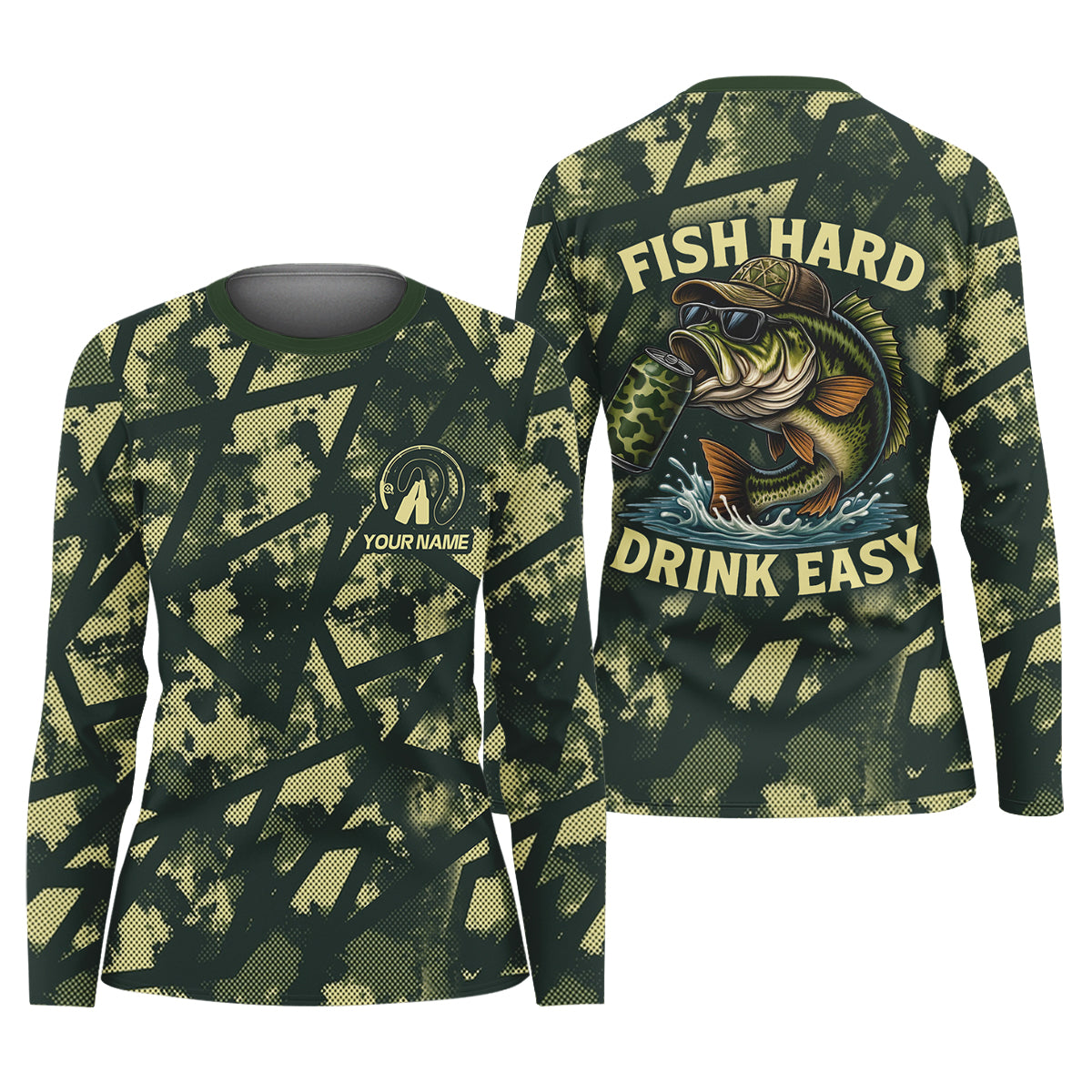 Fish Hard Drink Easy Green Camo Funny Fishing Shirt, Women SPF Shirt, Largemouth Bass Female Fishing Shirts