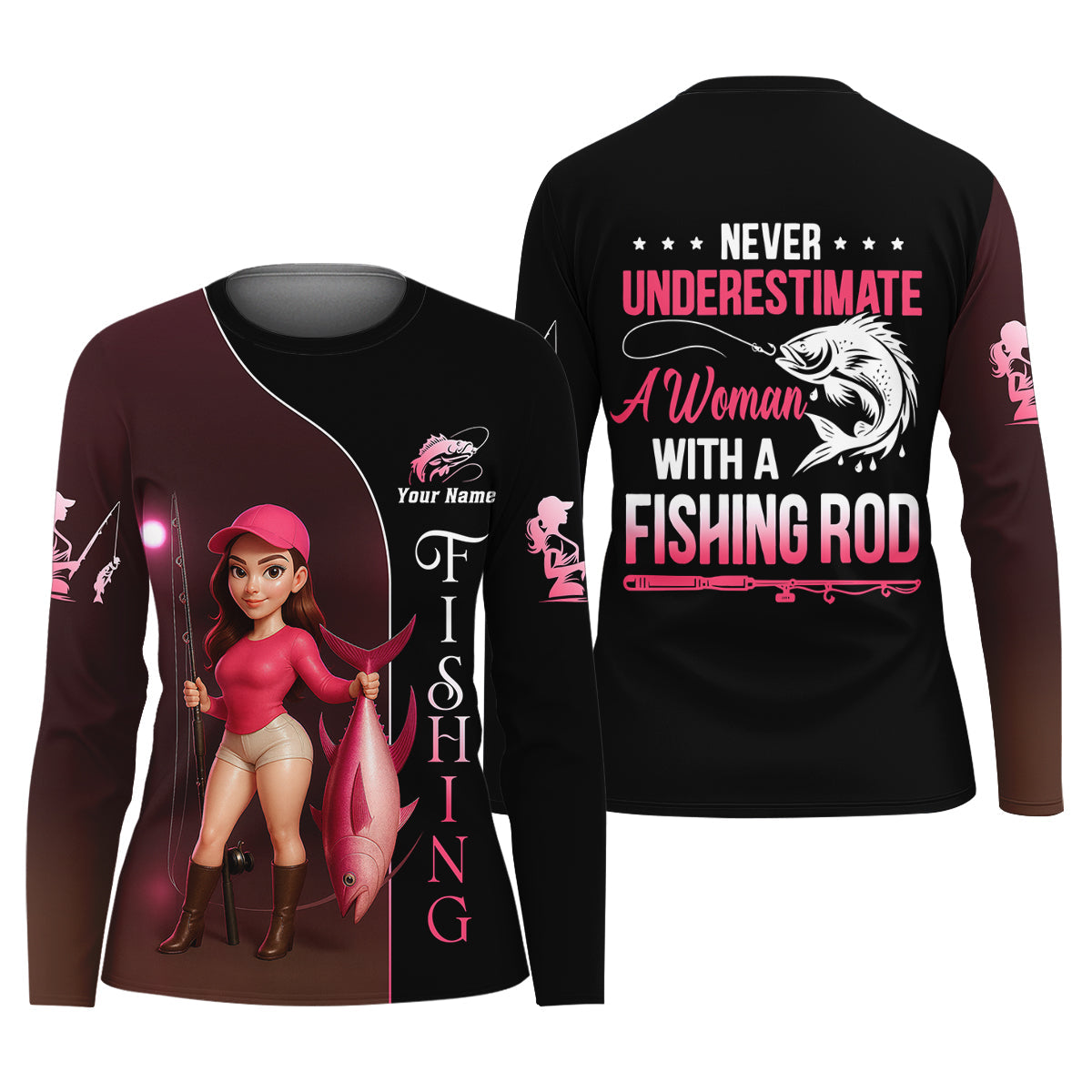 Never Underestimate A Women With A Fishing Rod Custom Name Fishing UPF Shirts, Women Fishing Shirt