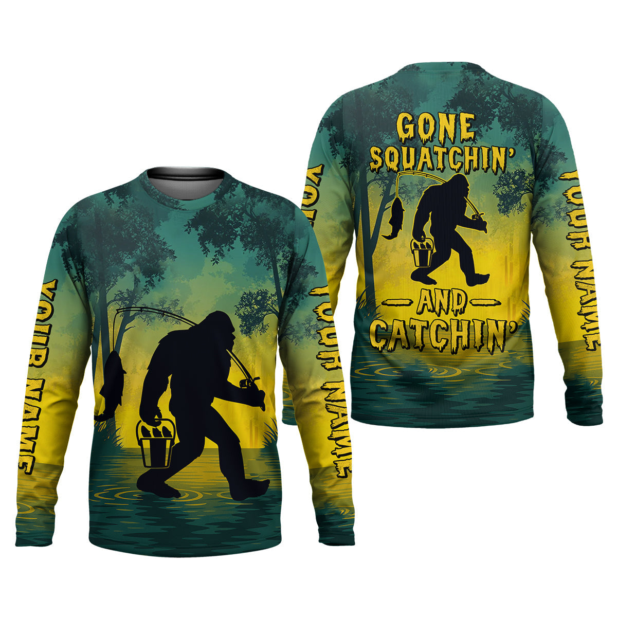 Gone Squatchin And Catching Yellow Forest Bigfoot Fishing UPF Shirts, Funny Fishing Shirt, Fishing Gifts For Men