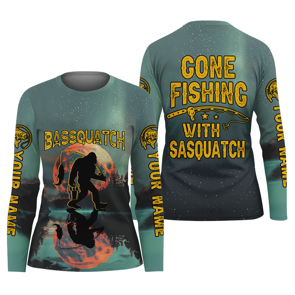 Gone Fishing With Sasquatch Bassquatch Fishing UPF Shirts, Fishing Shirt For Women, Female Fishing Shirts