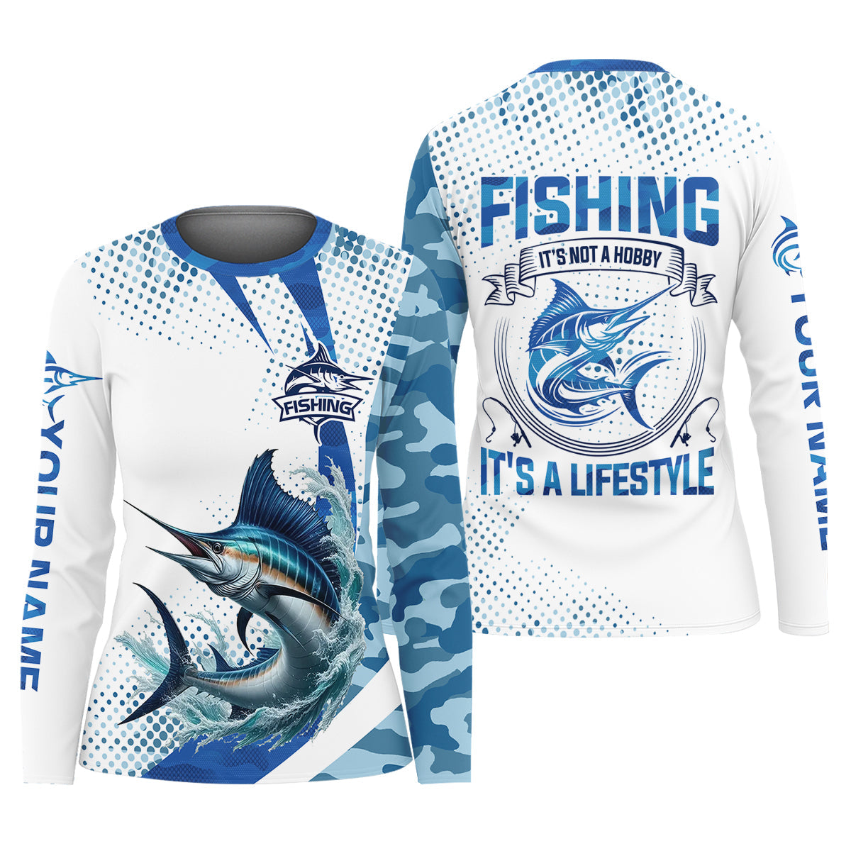 Fishing It's Not A Hobby It's A Lifestyle Blue Camo Fishing UPF Shirts, Blue Marlin Fishing Shirt For Women
