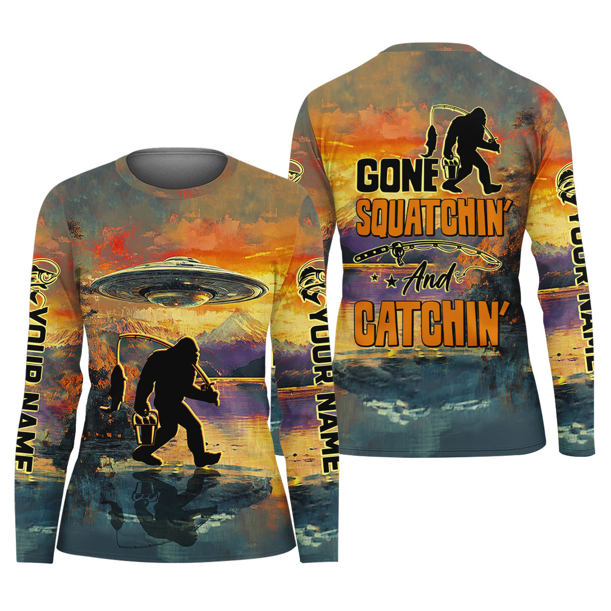 Gone Squatchin And Catchin UFO Bigfoot Fishing UPF Shirts, Fishing Shirt For Women, Female Fishing Shirts