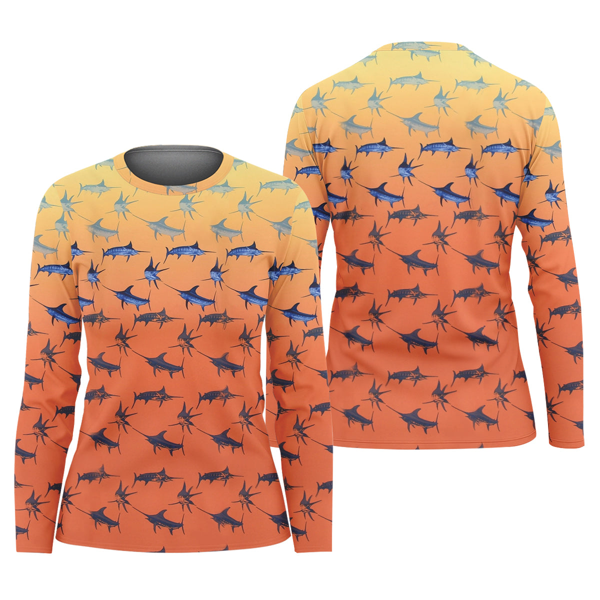 Swordfish Patter Orange Fishing Shirt, Cute Women's Fishing Outfits, Female Fishing Shirts, SPF Shirt