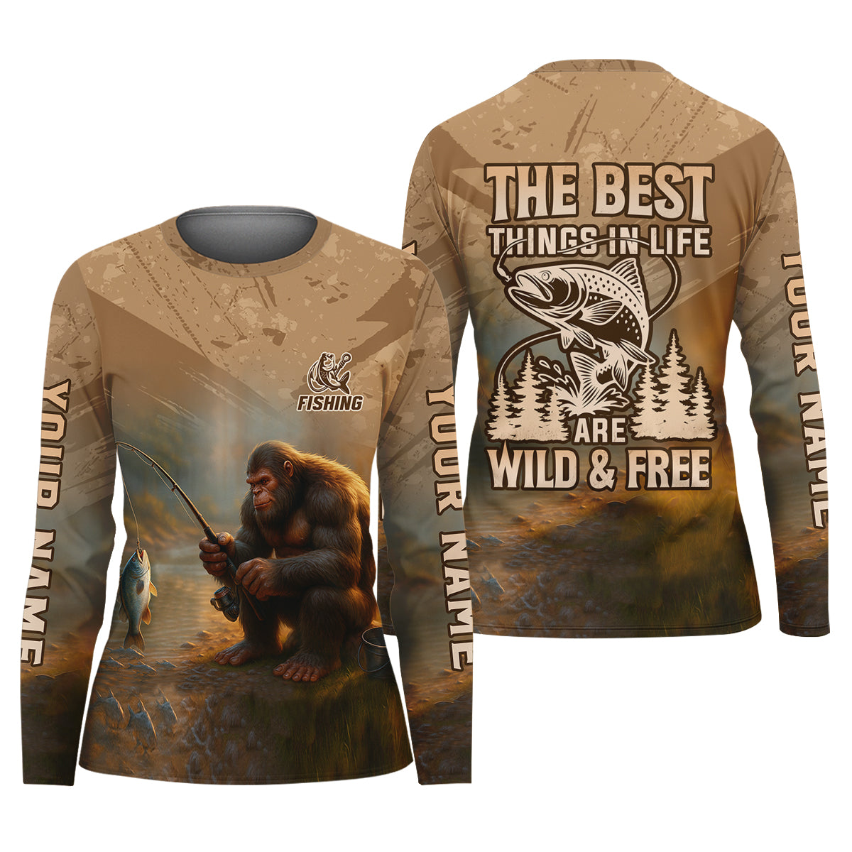 The Best Things In Life Are Wild And Free Custom Name Bigfoot Fishing Women SPF Shirt, Female Fishing Shirts