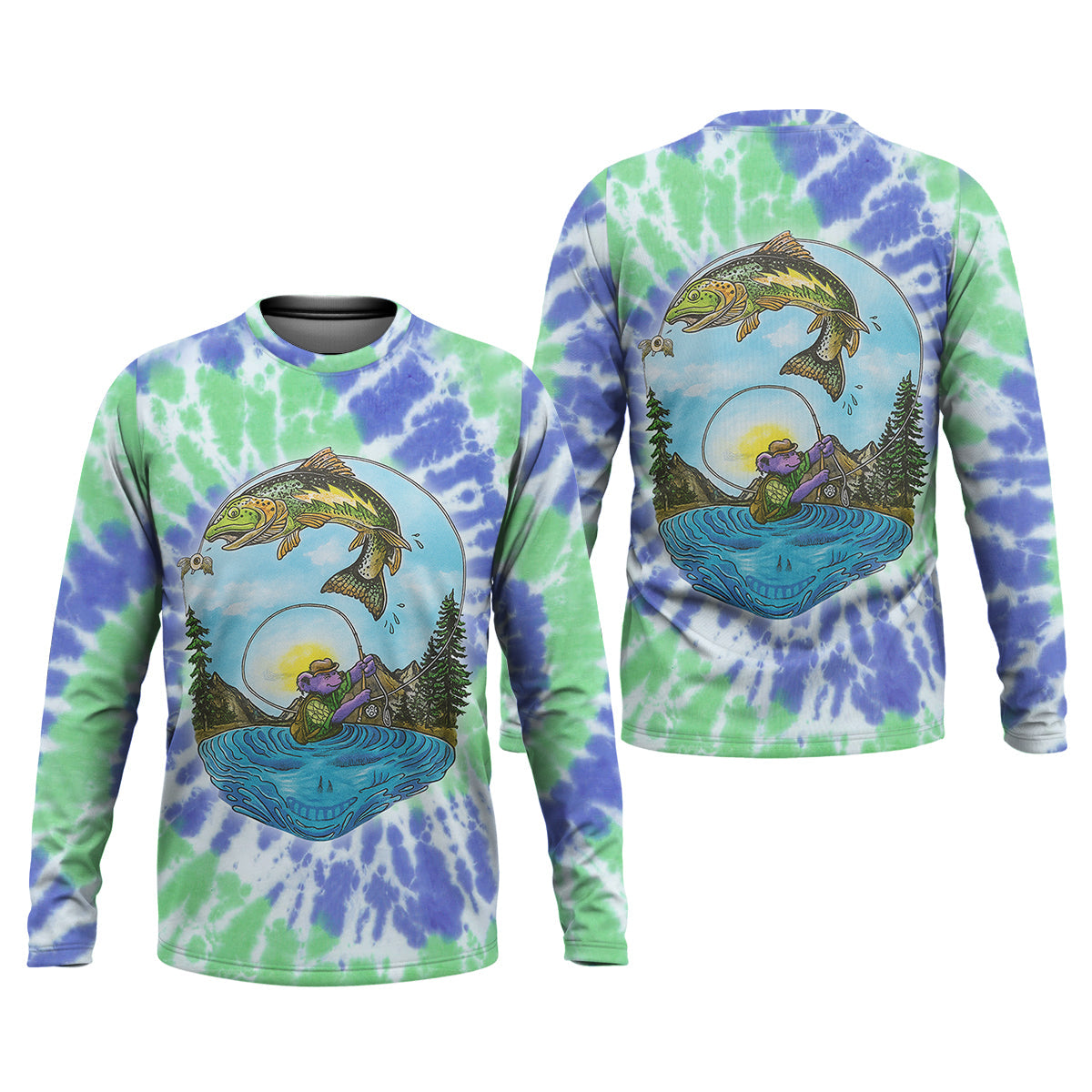 Bear Fishing Green And Purple Cool Tie Dye Patterns Fishing UPF Shirts, Fishing Gifts For Men, Men's Fishing Shirt