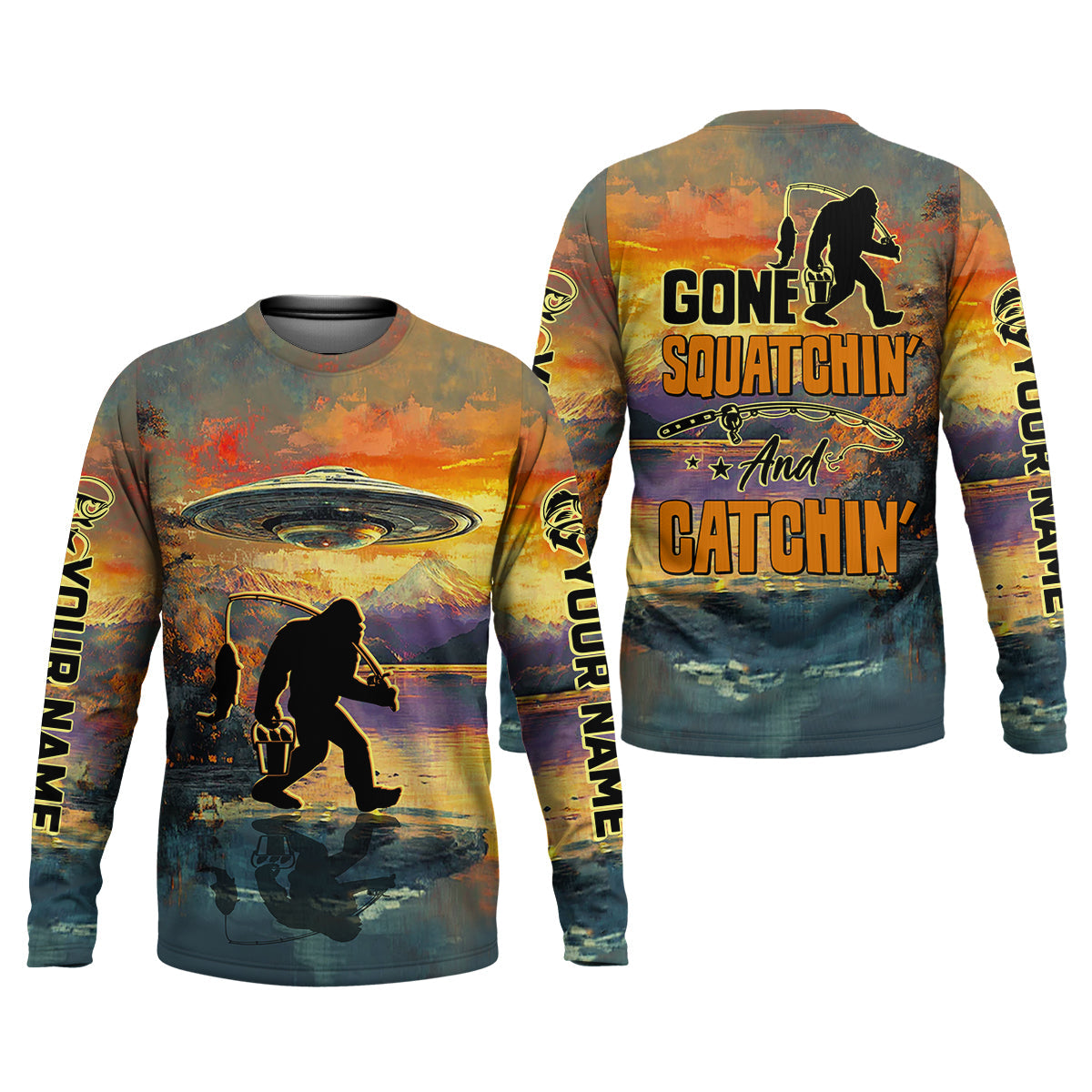 Gone Squatchin And Catchin UFO Bigfoot Fishing UPF Shirts, Fishing Gifts For Men, Fishing Shirts For Men