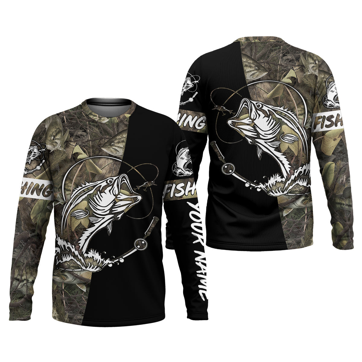 Camo Black Fishing UPF Shirts, Camouflage Fishing Shirts, Fishing Gifts For Men, Men's Fishing Shirt