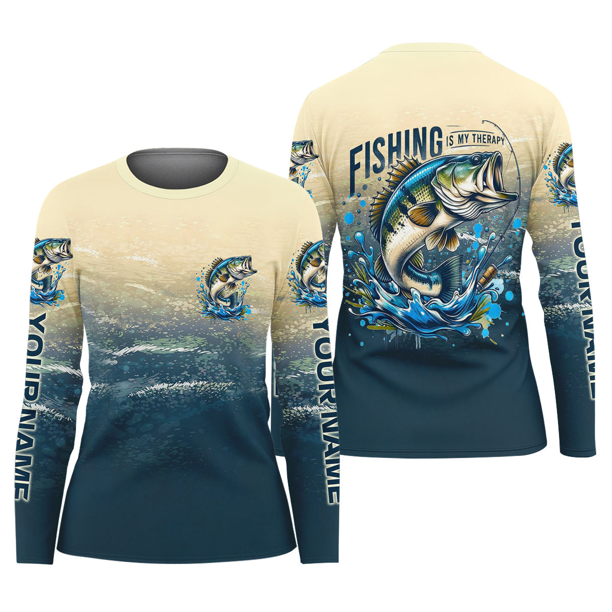 Fishing Is My Therapy Navy And Beige Fishing UPF Shirts, Fishing Shirt For Women, Female Fishing Shirts