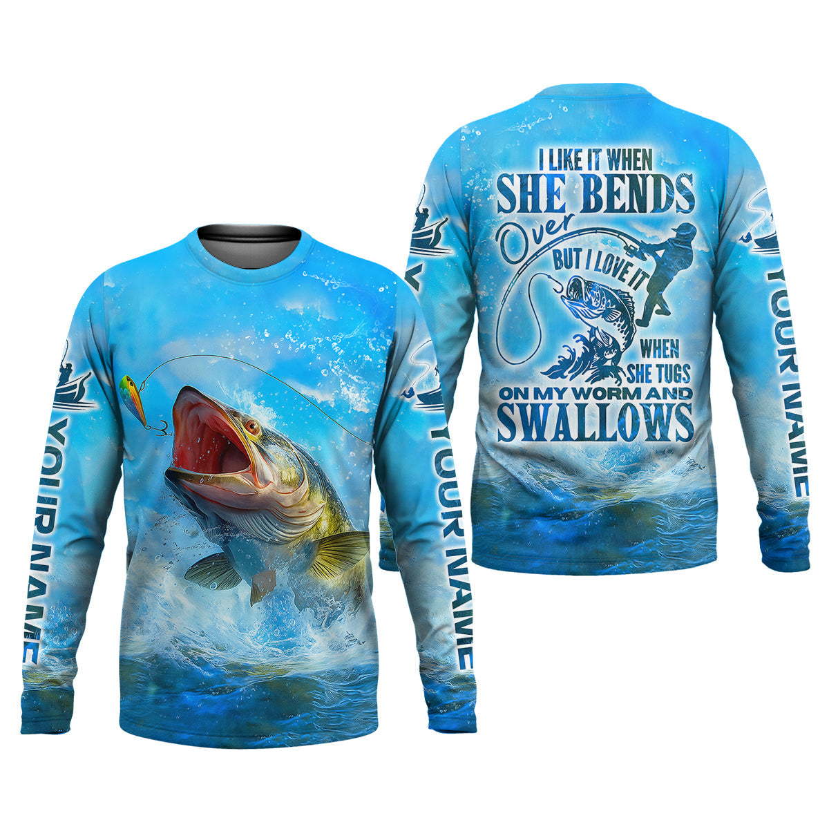 I Love It When She Tugs On My Worm And Swallows Blue Fishing Shirt, SPF Shirt For Men, Men's Fishing Shirt