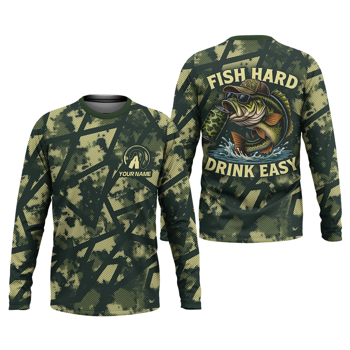 Fish Hard Drink Easy Green Camo Funny Fishing Shirt, SPF Shirt For Men, Largemouth Bass Fishing Shirts For Men