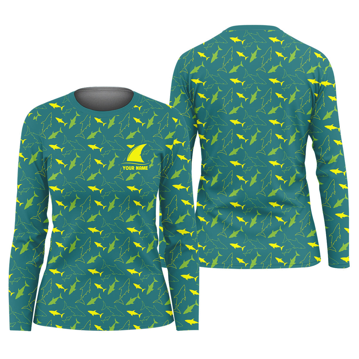 Green And Yellow Shark Pattern Performance Fishing Shirts, Women SPF Shirt, Female Fishing Shirts