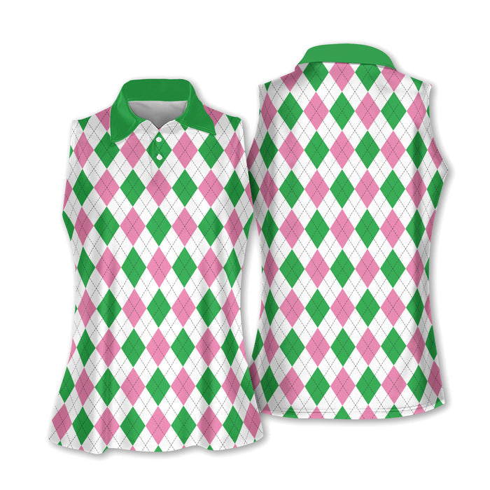 Green Pink Argyle Sleeveless Womens Golf Shirts, Ladies Pink Golf Shirt, Womens Golf Polo Shirt Womens Golf Tops