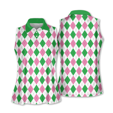 Green Pink Argyle Sleeveless Womens Golf Shirts, Ladies Pink Golf Shirt, Womens Golf Polo Shirt Womens Golf Tops