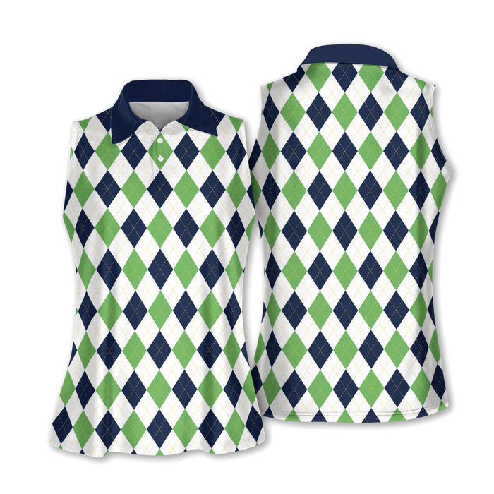 Argyle Pink Sleeveless Womens Golf Shirts, Womens Golf Polo Shirt Ladies Golf Tops, Cute Womens Golf Clothes