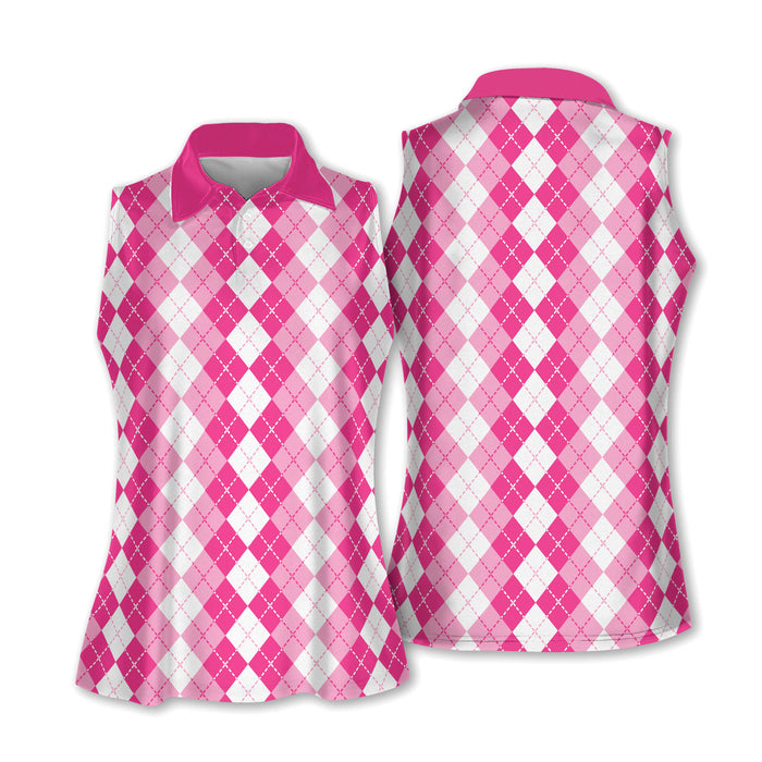 Argyle Pink Sleeveless Womens Golf Shirts, Womens Golf Polo Shirt Ladies Golf Tops, Cute Womens Golf Clothes