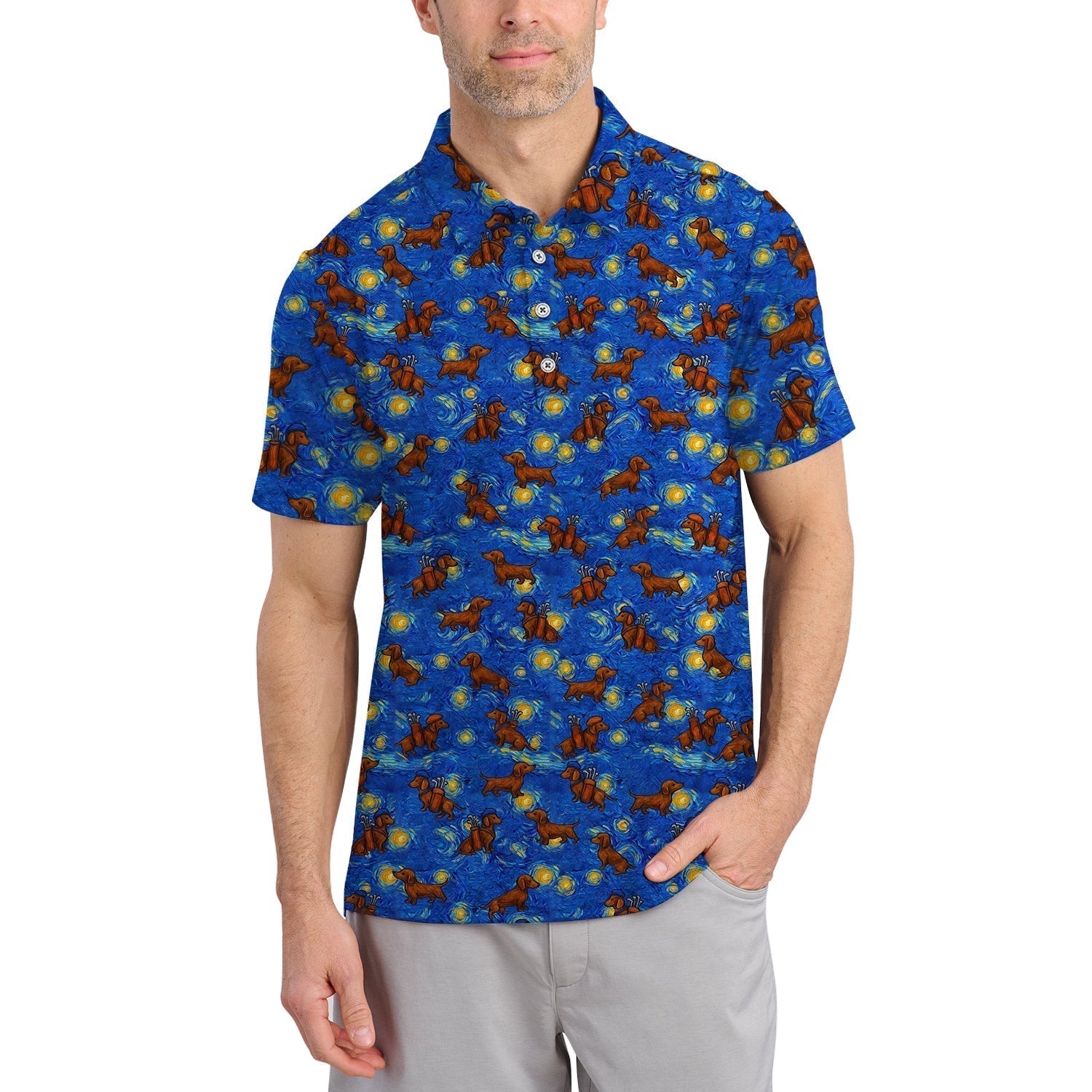 Pattern Golf Shirt For Golfer, Dachshund Golf Shirt, Starry Night Dachshund Golf Shirt For Men