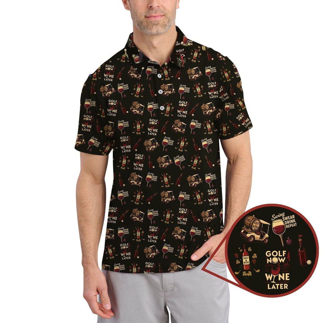 Wine Golf Shirt, Funny Ladies Golf Shirt, Wine And Golf Cart Pattern Polos