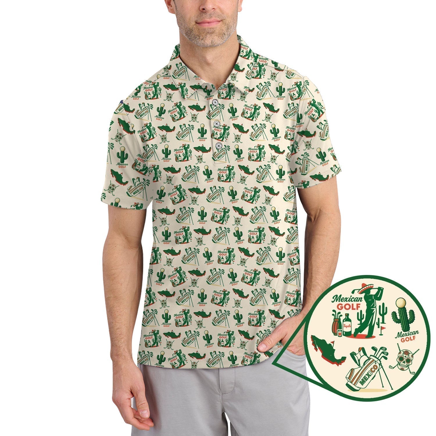Tequila And Cactus Pattern Golf Shirt For Men, Crazy Golf Shirts, Mexican Golf Polos