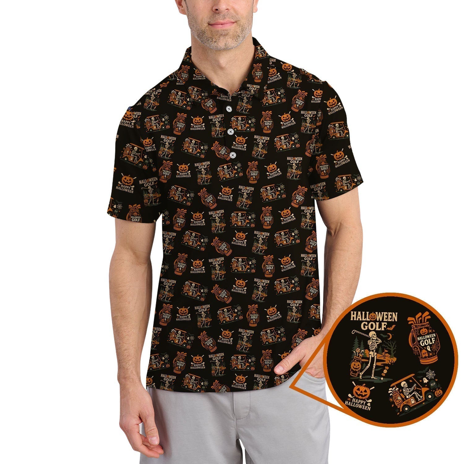 Skeleton Pattern Golf Shirts, Funny Golf Polos For Men, Halloween Golf Shirt For Golfers