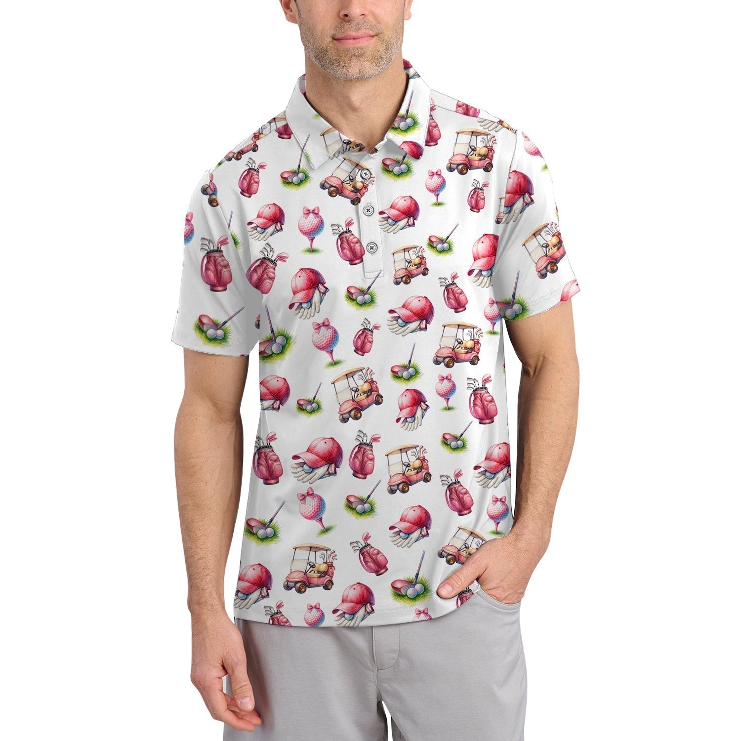 Pink Golf Pattern Polos, Women’s Golf Shirt, Golf Shirts For Ladies