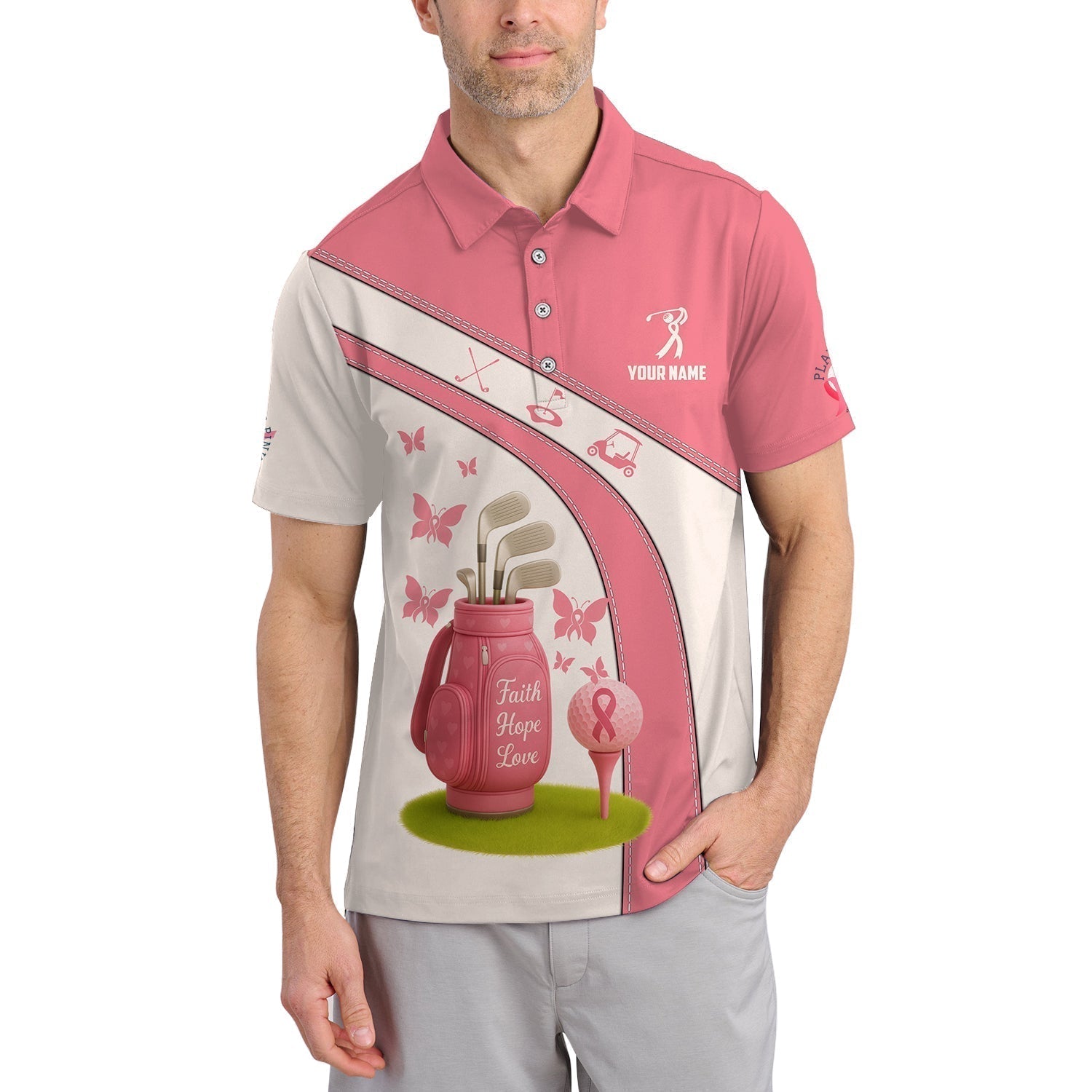 Personalized Breast Cancer Golf Shirt, Pink Golf Shirt, Golf Gift For Golfer, Custom Name Golf Shirt