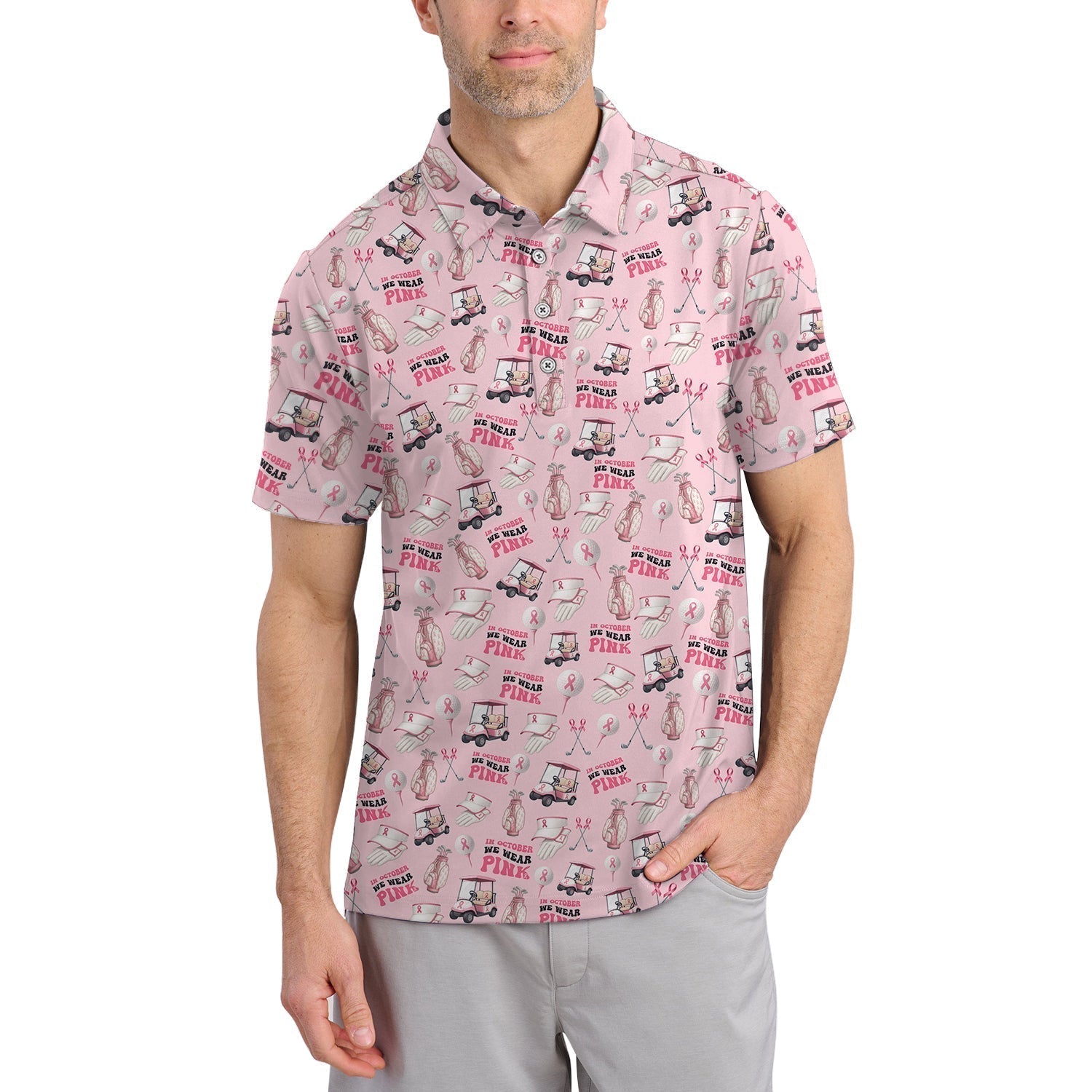 We Wear Pink In October Shirt For Golfer, Pattern Golf Shirt, Breast Cancer Golf Shirt For Women