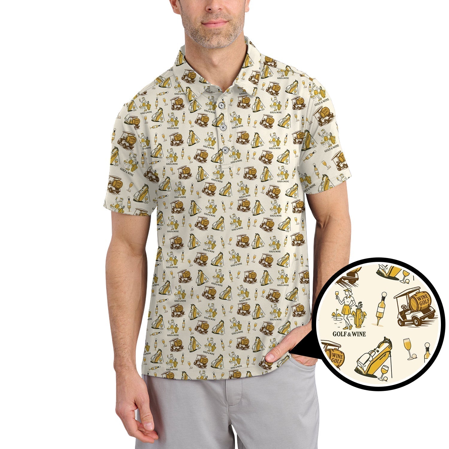 Yellow Golf Polos For Women, Funny Golf & Wine Shirts, Pattern Ladies Golf Shirt For Wine Lovers