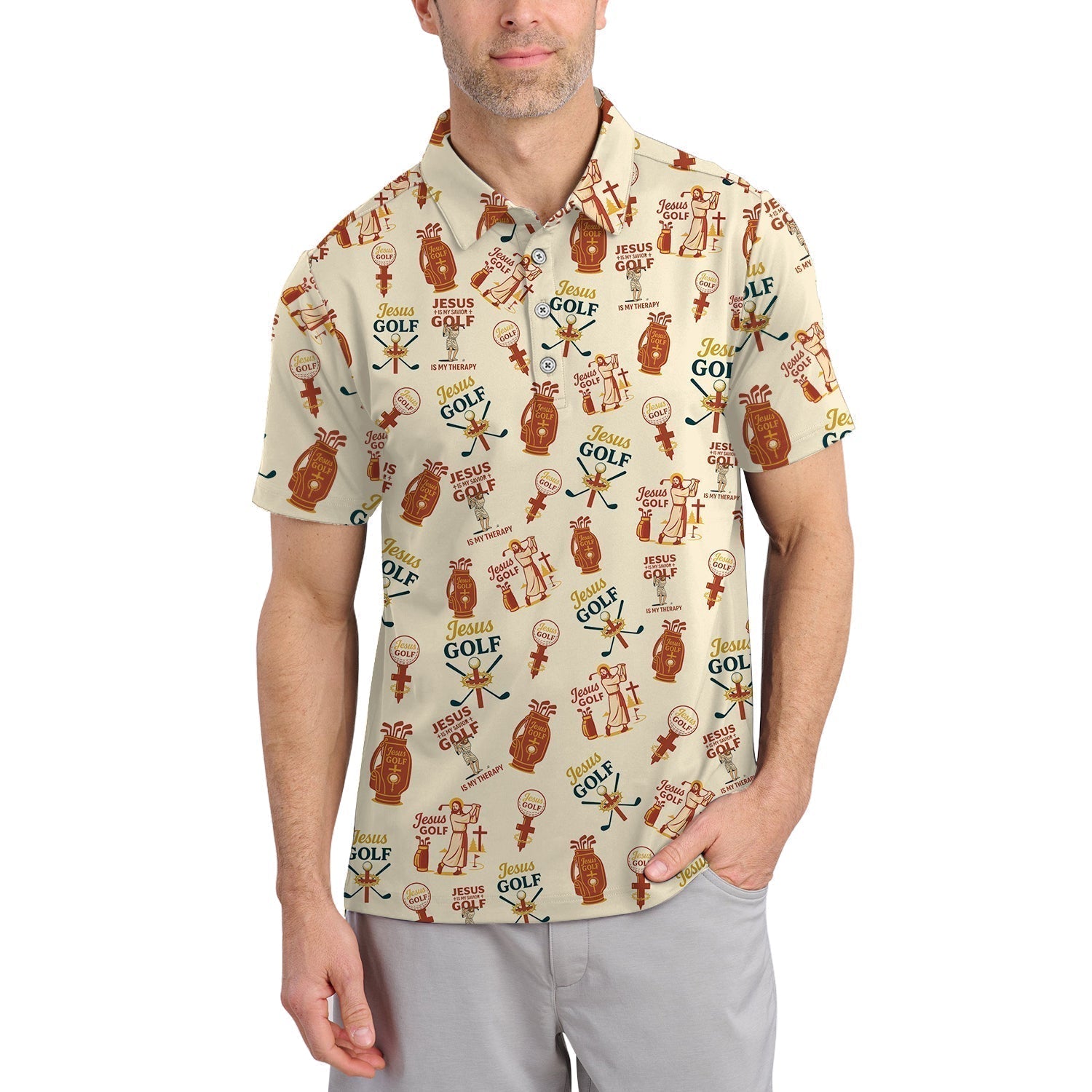 Jesus And Golf Is My Therapy Shirt, Pattern Golf Shirt, Jesus Golf Polos For Men