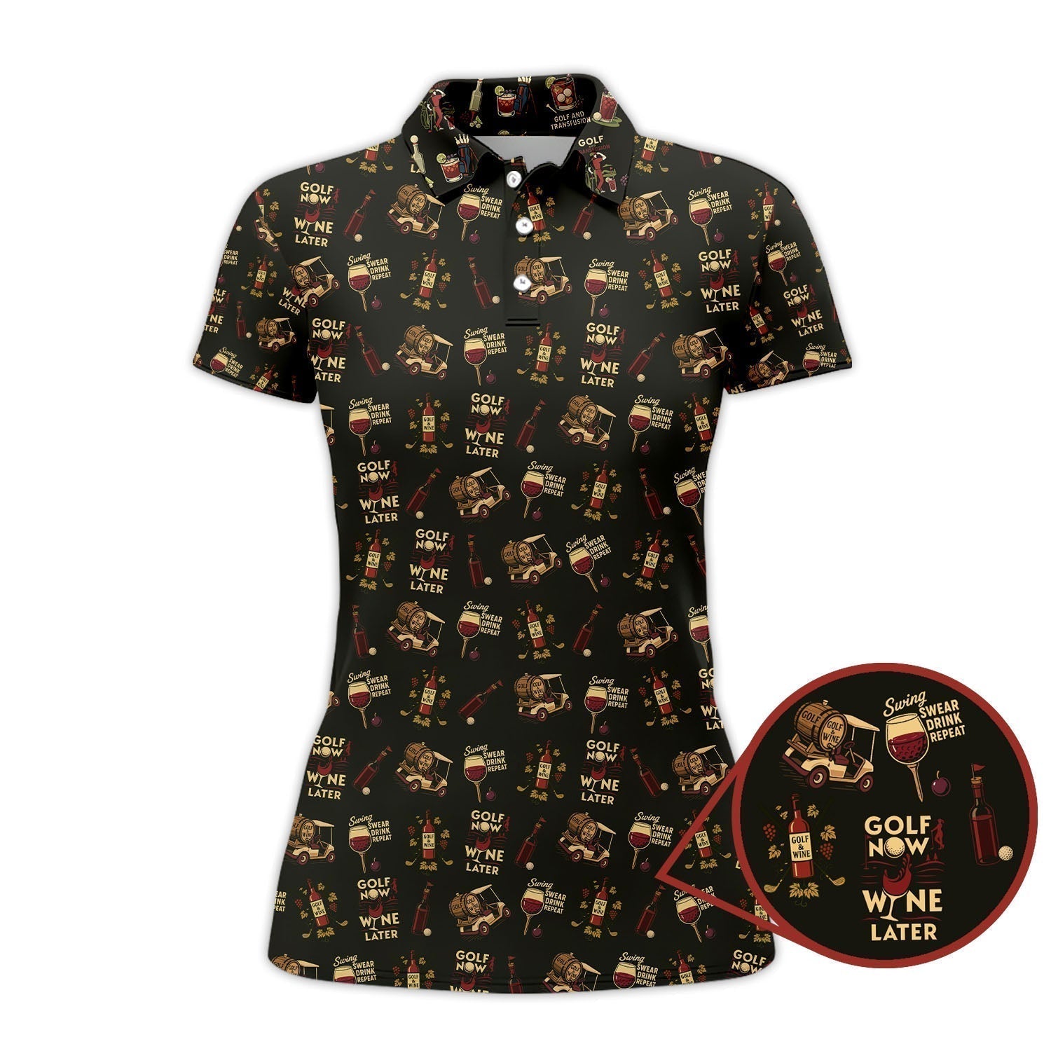 Wine Golf Shirt, Funny Ladies Golf Shirt, Wine And Golf Cart Pattern Polos