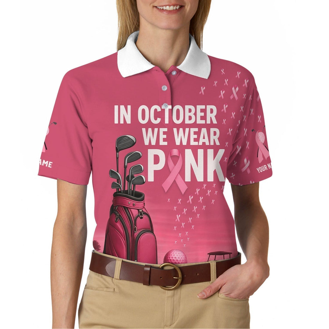 Personalized Breast Cancer Golf Shirt, In October We Wear Pink Shirt With Custom Name, Pink Golf Shirt For Golfer