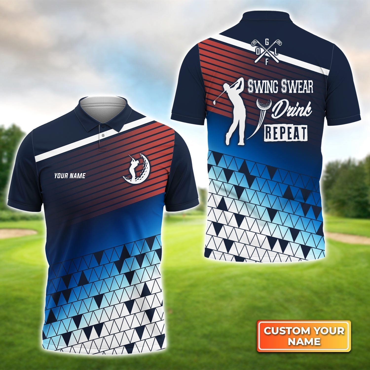 Golfing Swing Swear Drink Repeat - Personalized Name 3D Polo Shirt For Golfers