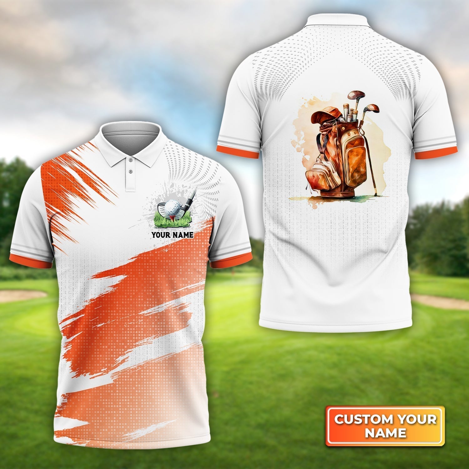 Orange Pattern Vintage Golf Bag - Personalized Name 3D Polo Shirt For Golfers