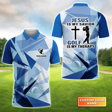 Blue Pattern Jesus Is My Savior Golf Is My Therapy - Personalized Name 3D Polo Shirt For Golfers