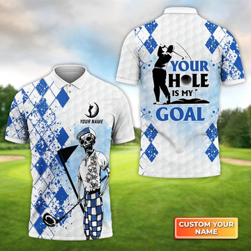 Golf Skull Blue Pattern Your Hole Is My Goal - Personalized Name 3D Polo Shirt For Golfers
