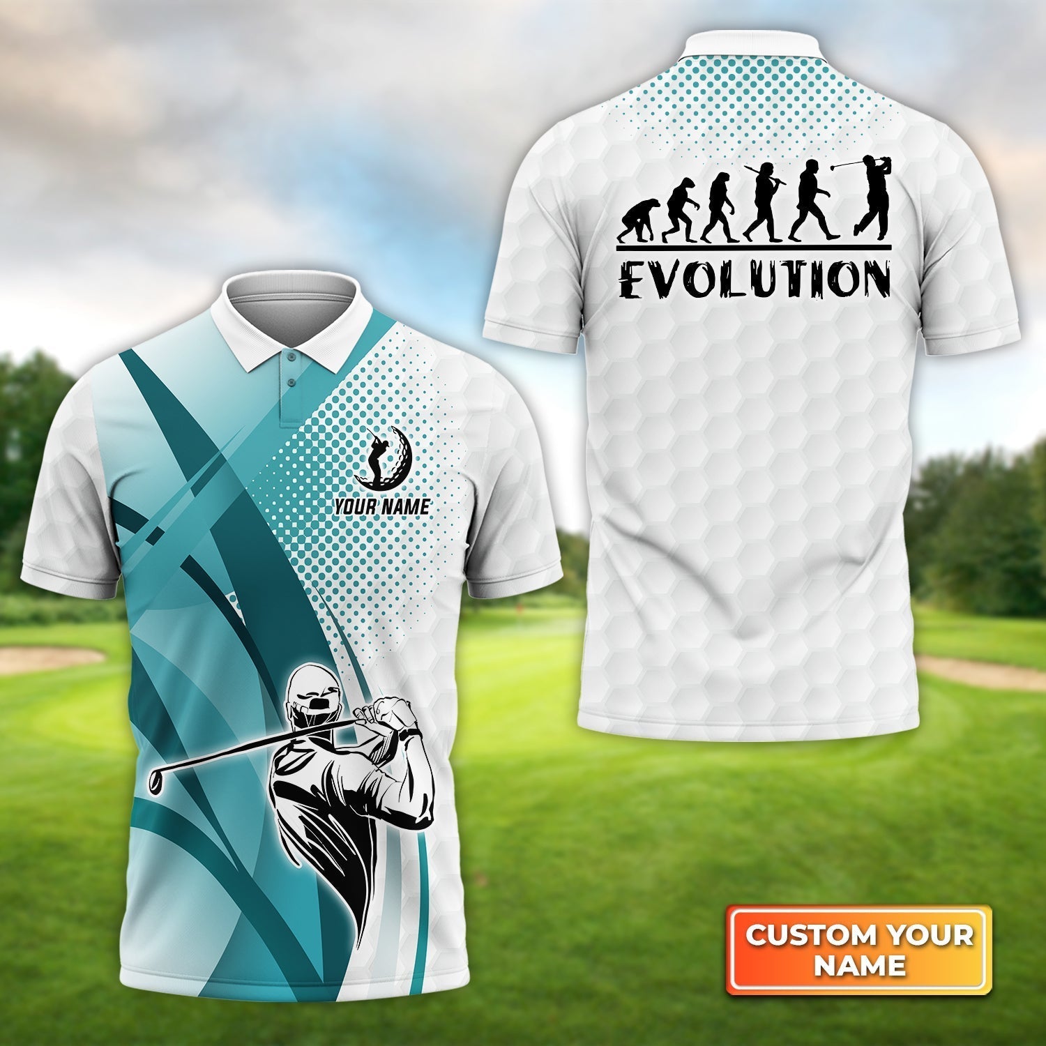 Golfing Evolution Blue Pattern - Personalized Name 3D Polo Shirt For Golfers