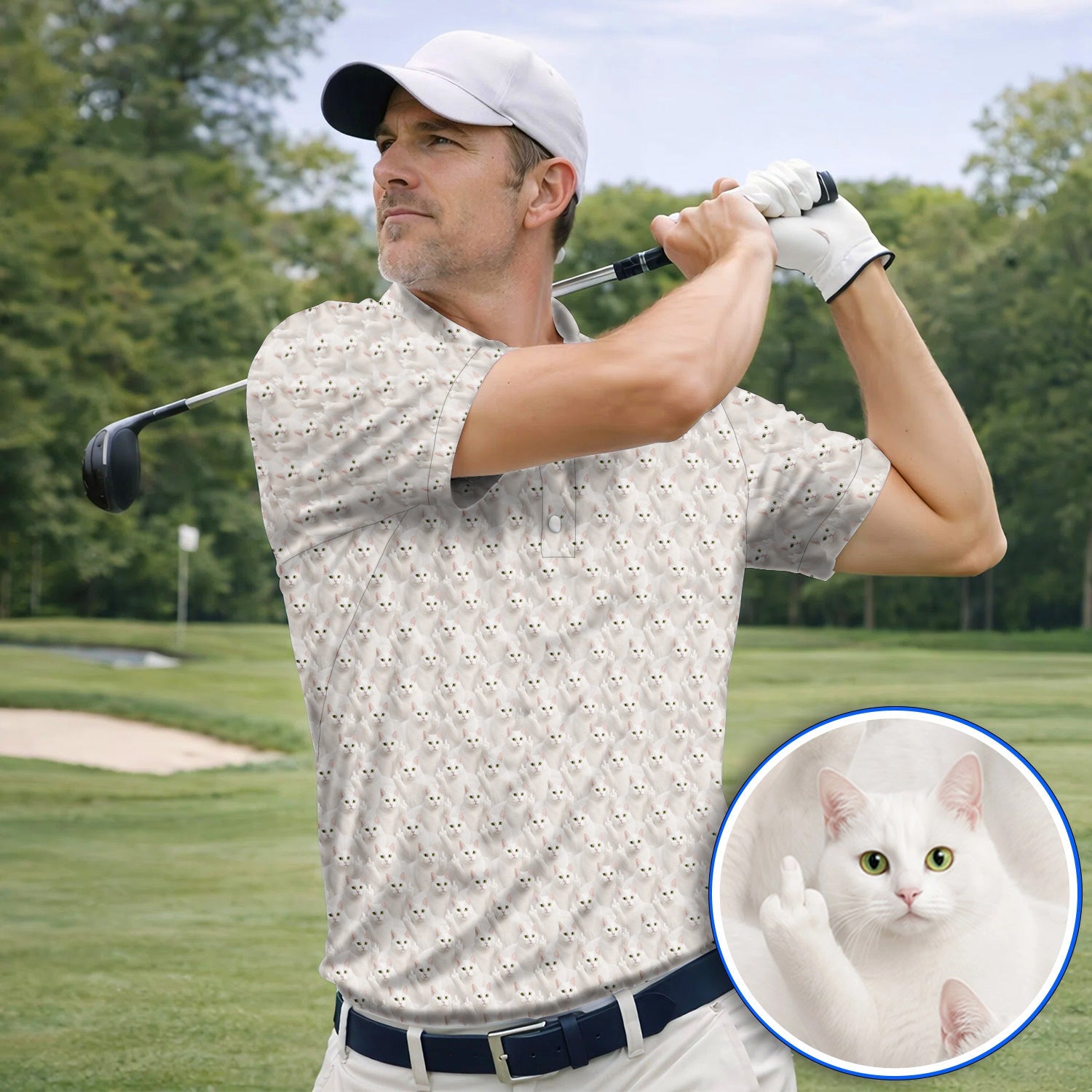 White Cat Pattern Golf Polos, Crazy Cat Lover Golf Shirt, Funny Golf Gift For Cat Mom