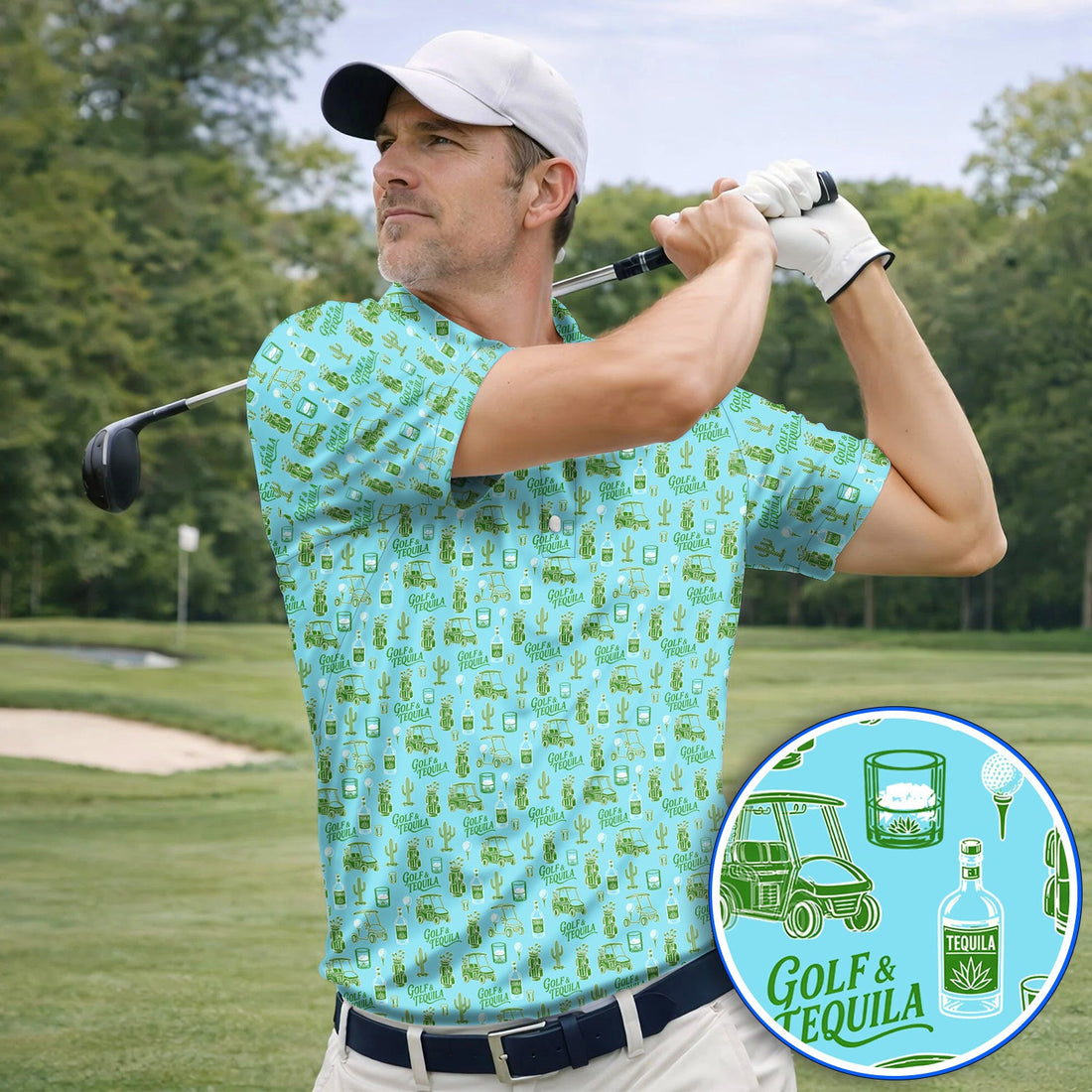 Golf & Tequila Pattern Golf Polos, Funny Golf Shirt For Tequila Lover, Golf Gift For Golfer