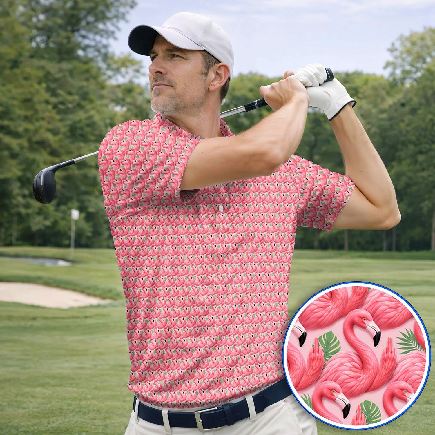 Crazy Flamingo Golf Polos, Pink Tropical Pattern Golf Shirt, Funny Golf Gift For Golfer