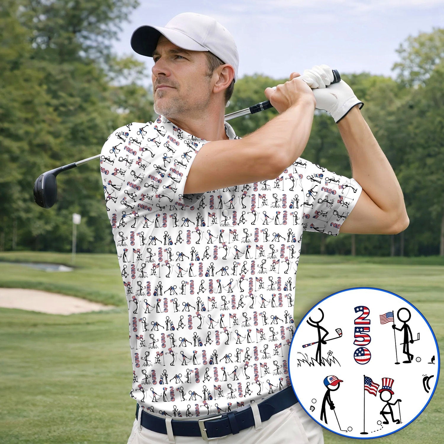 USA 250 Casual Patriotic Golf Shirt, Stick Figure Golfer Pattern Golf Polos, Funny Golf Shirts Gor Golfer
