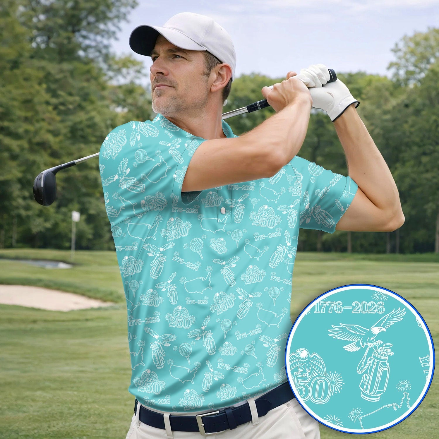 USA Patriotic Eagle Golf Polos, 1776–2026 America 250th Pattern Golf Shirt For Golfer, Crazy Golf Shirt