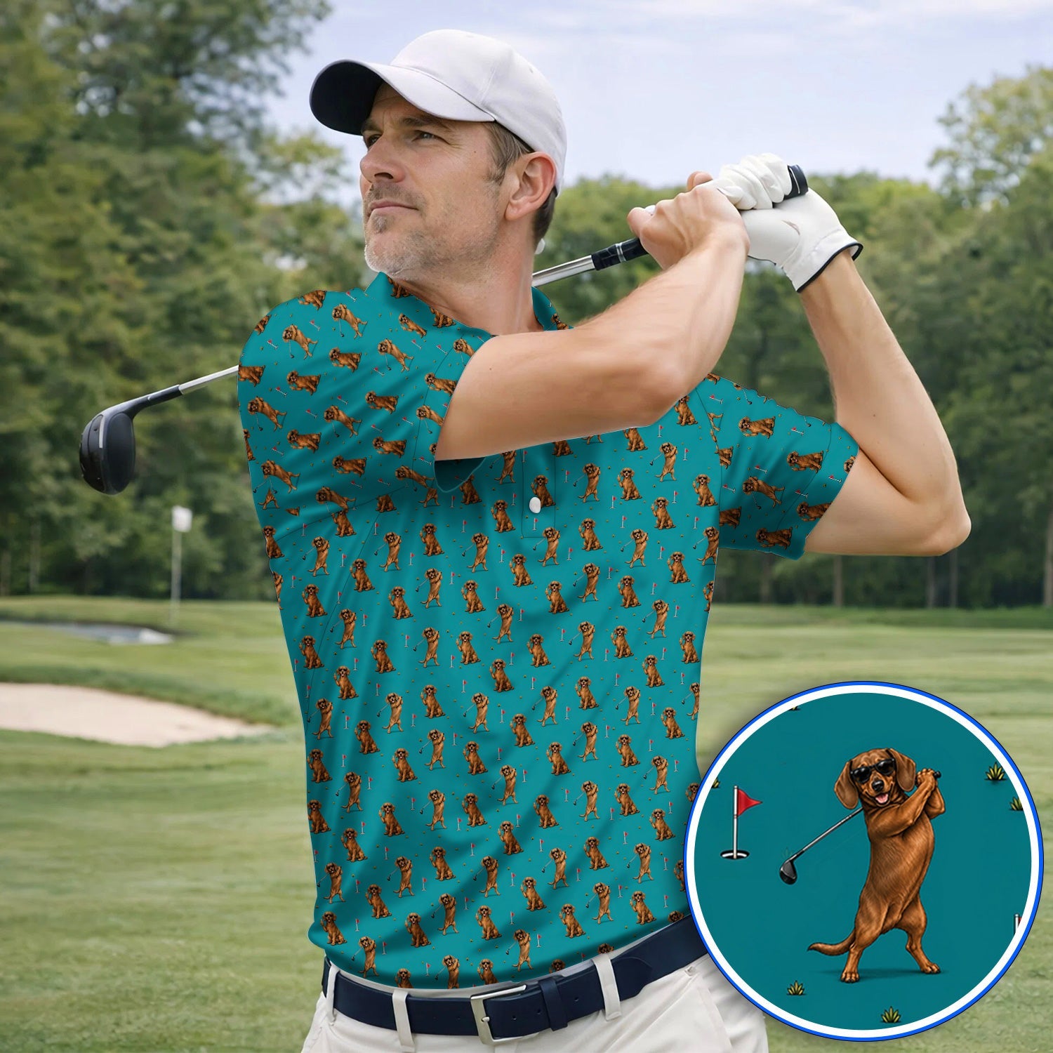 Wiener Dog Golf Pattern Polos, Dachshund Lover Golf Shirt, Unique Golf Gift For Golfer