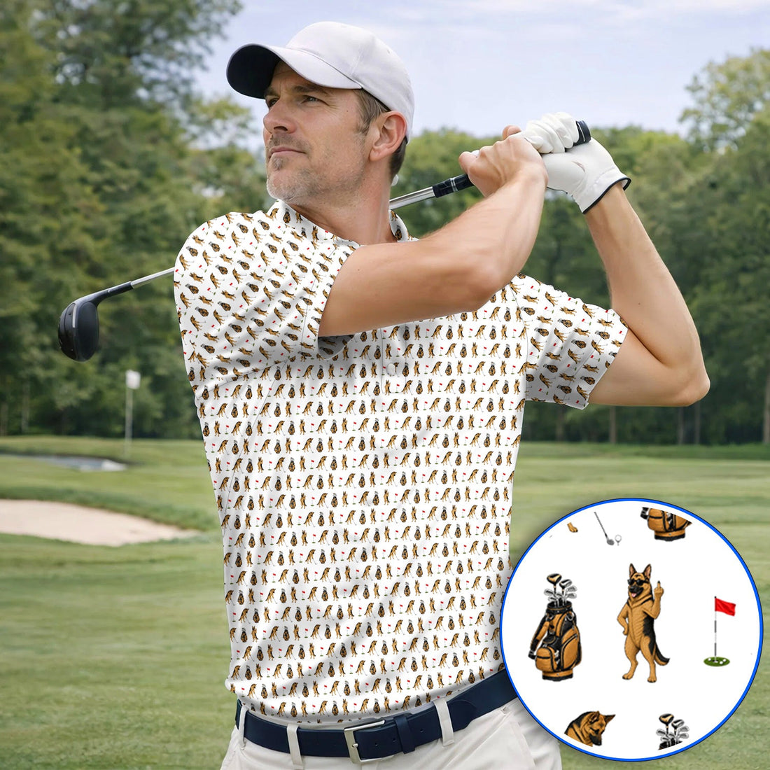 German Shepherd Pattern Golf Shirt, Funny Dog Golf Polos, Golf Gift For Golfer