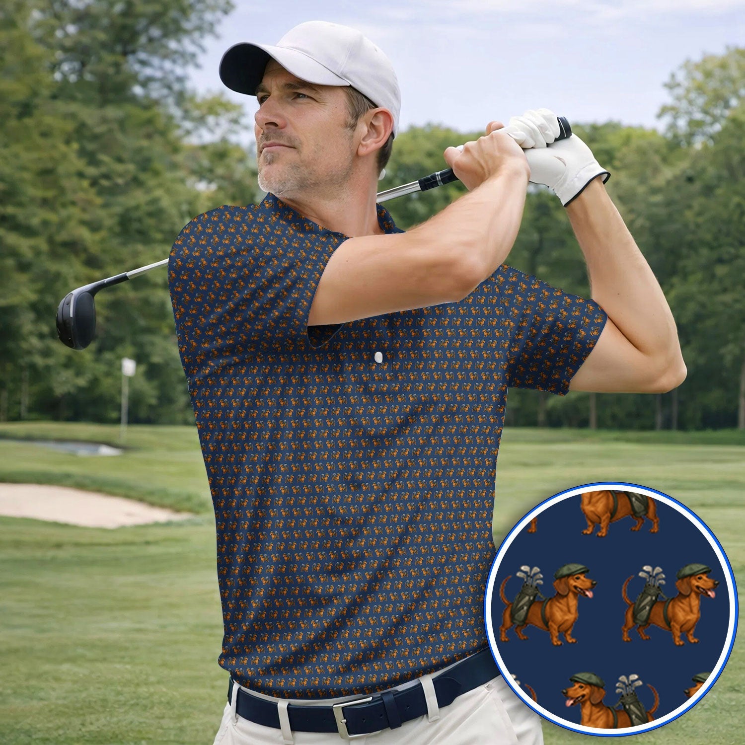 Funny Dachshund Pattern Golf Polos, Crazy Wiener Dog Golf Shirt For Men, Golf Shirt For Golfer