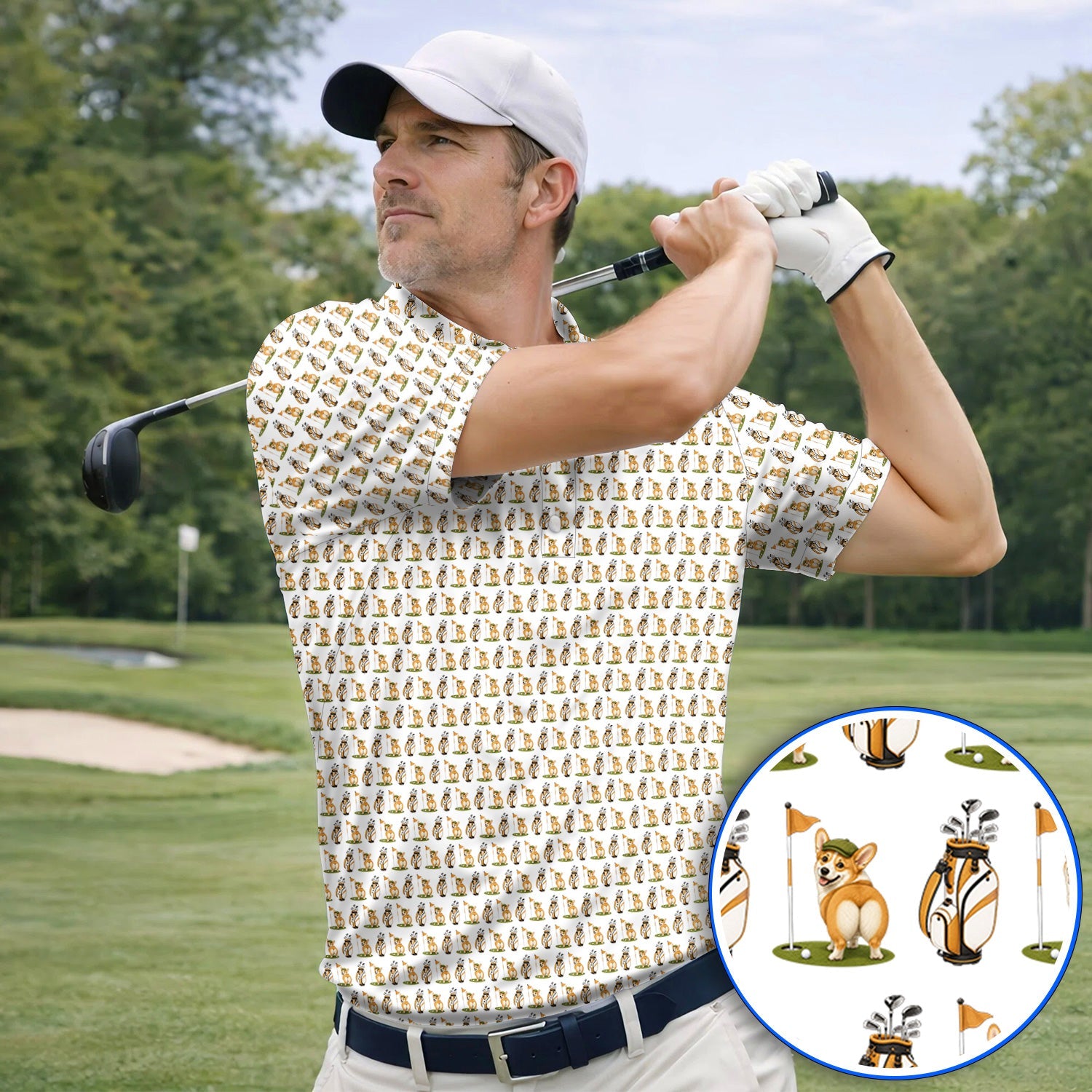 Funny Corgi Golf Polos, Corgi Pattern Golf Shirt, Golf Gift For Golfer
