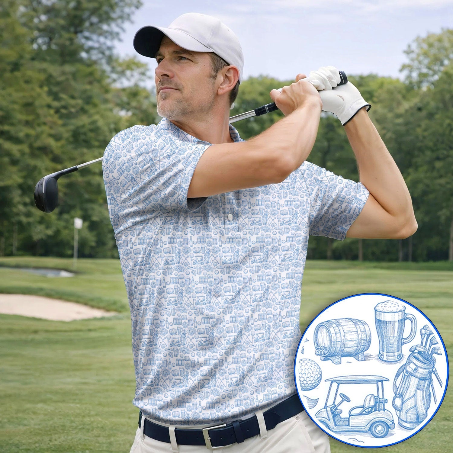 Toile De Jouy Pattern Golf Polos,  Funny Beer Golf Shirt For Men, Golf Gift For Golfer